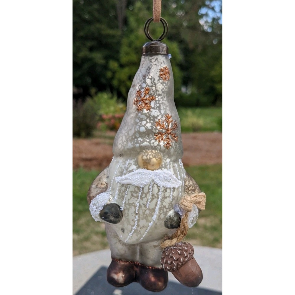 Gnome Crackle‎ Glass Christmas Ornament Woodland Elf Acorn Glitter